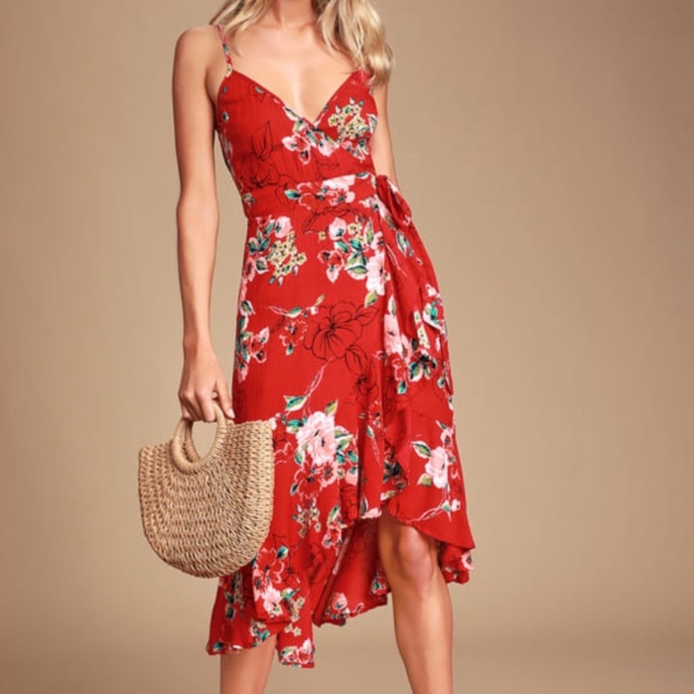 Band of gypsies red floral wrap around dress lulus